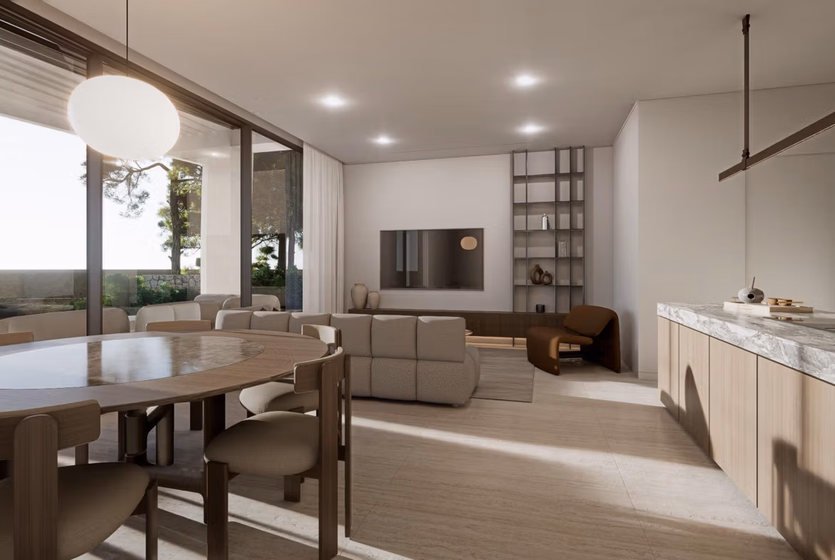 Open-plan living and dining area with modern furnishings in a luxury villa for sale at Las Colinas Golf Resort