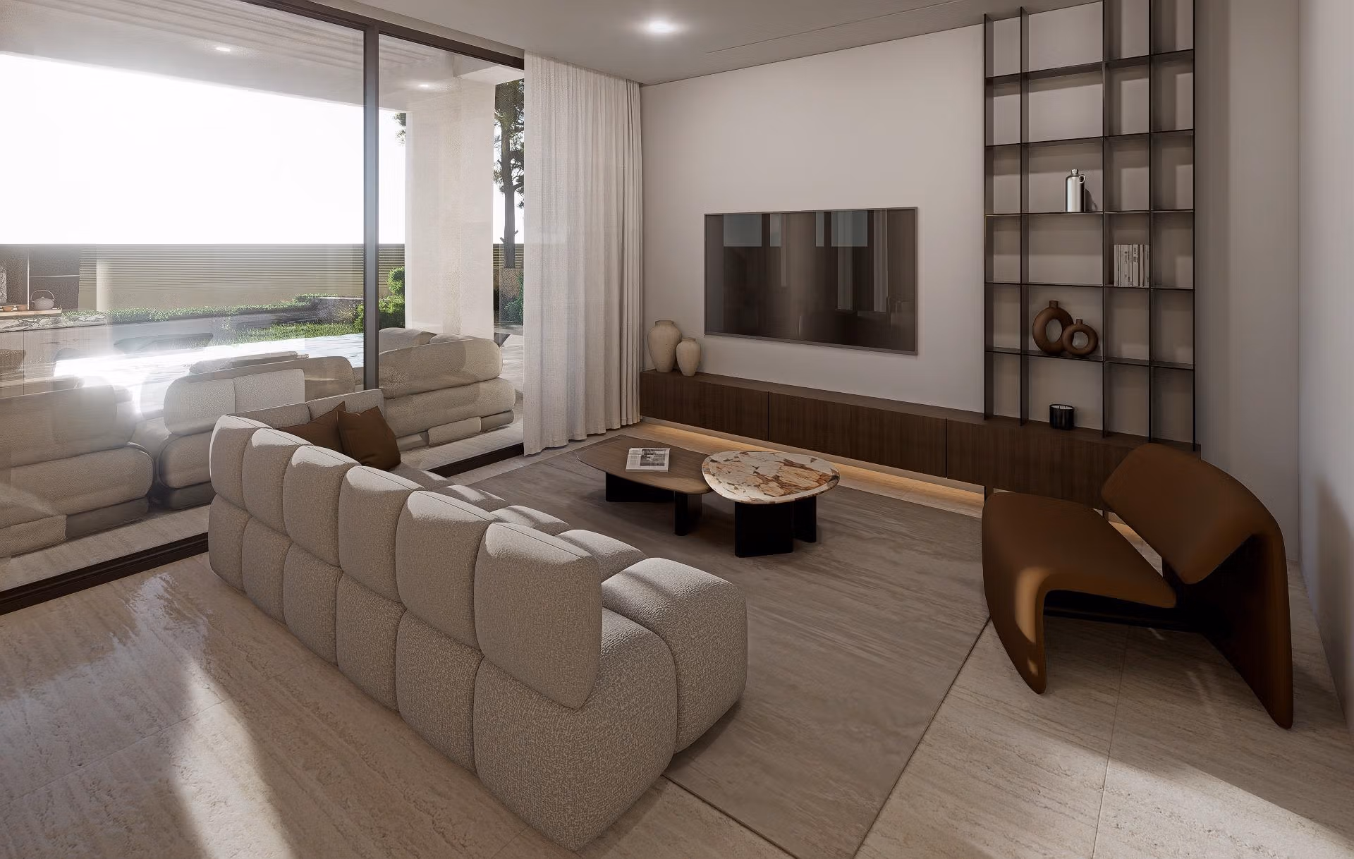 Modern living room with large windows overlooking the private pool in a luxury villa at Las Colinas Golf Resort