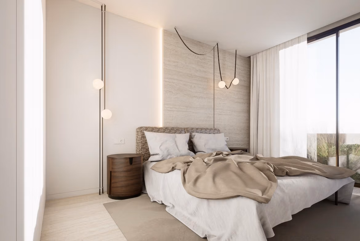 Bright bedroom with modern lighting and sliding glass doors in distinguished luxury villa at Las Colinas Golf Resort