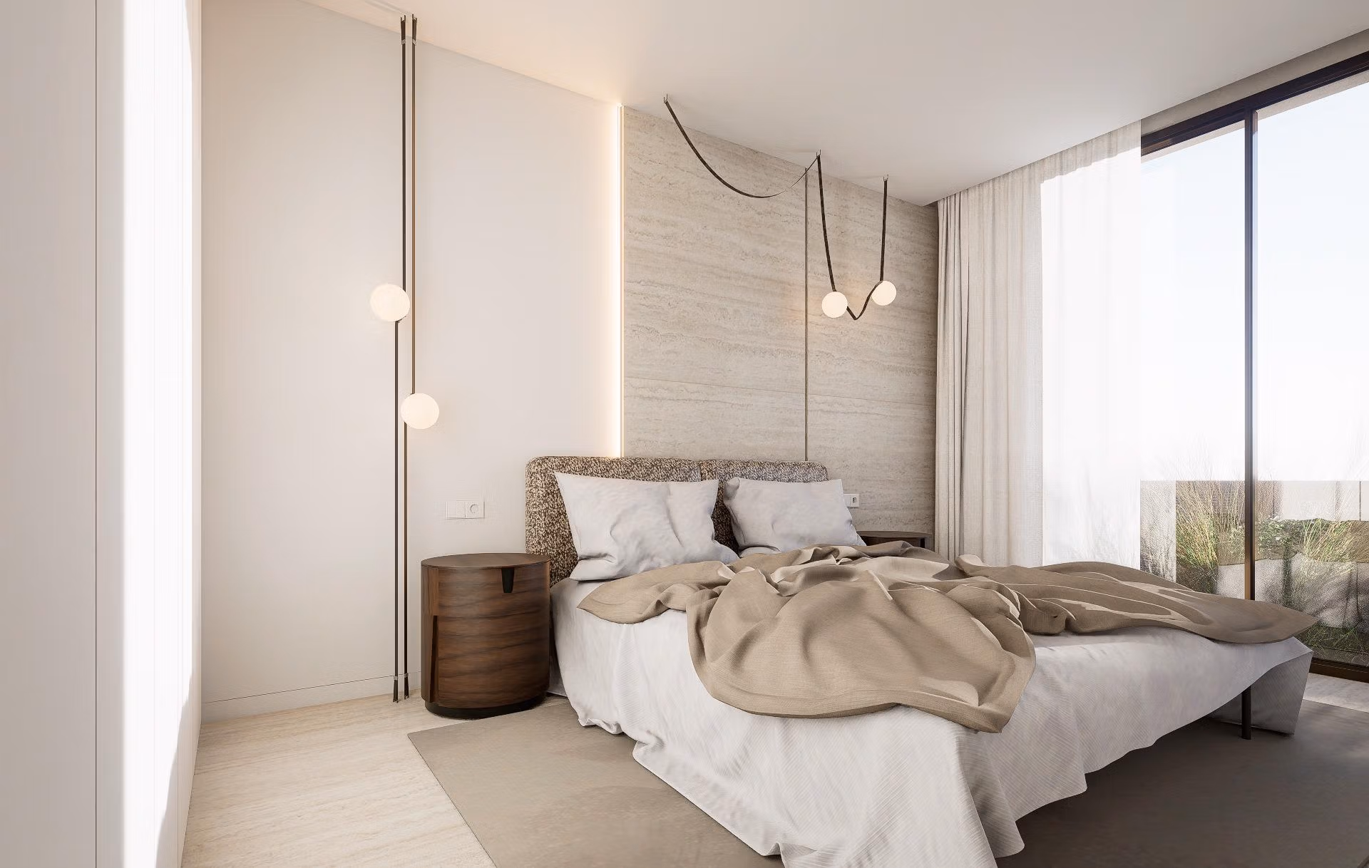Bright bedroom with modern lighting and sliding glass doors in distinguished luxury villa at Las Colinas Golf Resort