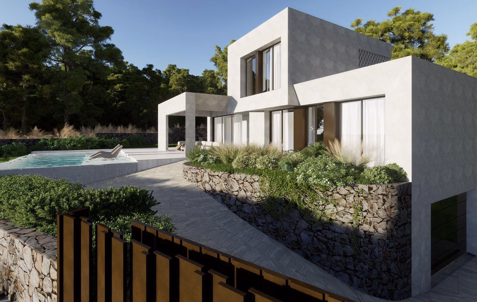 Modern luxury villa exterior with private pool, stone landscaping, and greenery in Las Colinas Golf Resort.