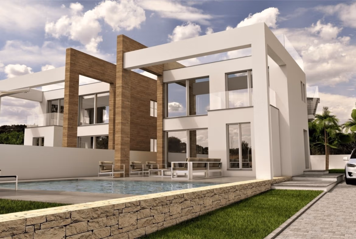 Modern luxury 4-bedroom villa with sleek private pool and spacious terrace in sunlit Torreblanca, Torrevieja.
