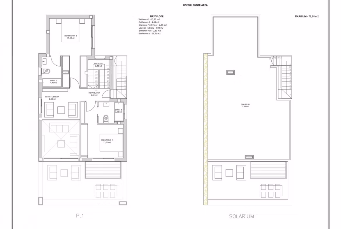 Spacious floor plan of luxury 4-bedroom villa with stylish living areas, basement, and sun-drenched solarium in Torreblanca, Torrevieja.