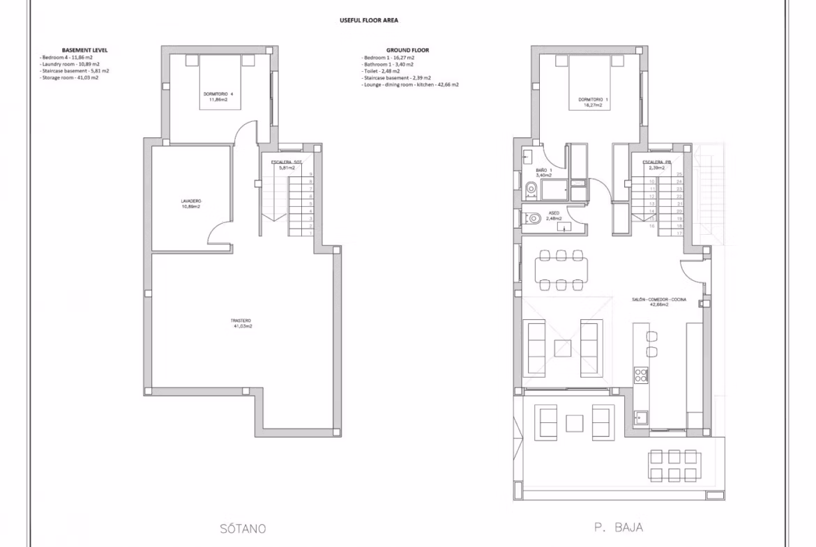 Spacious floor plan of key ready 4-bedroom villa with basement and private pool in Torreblanca, Torrevieja showcasing open, elegant layout