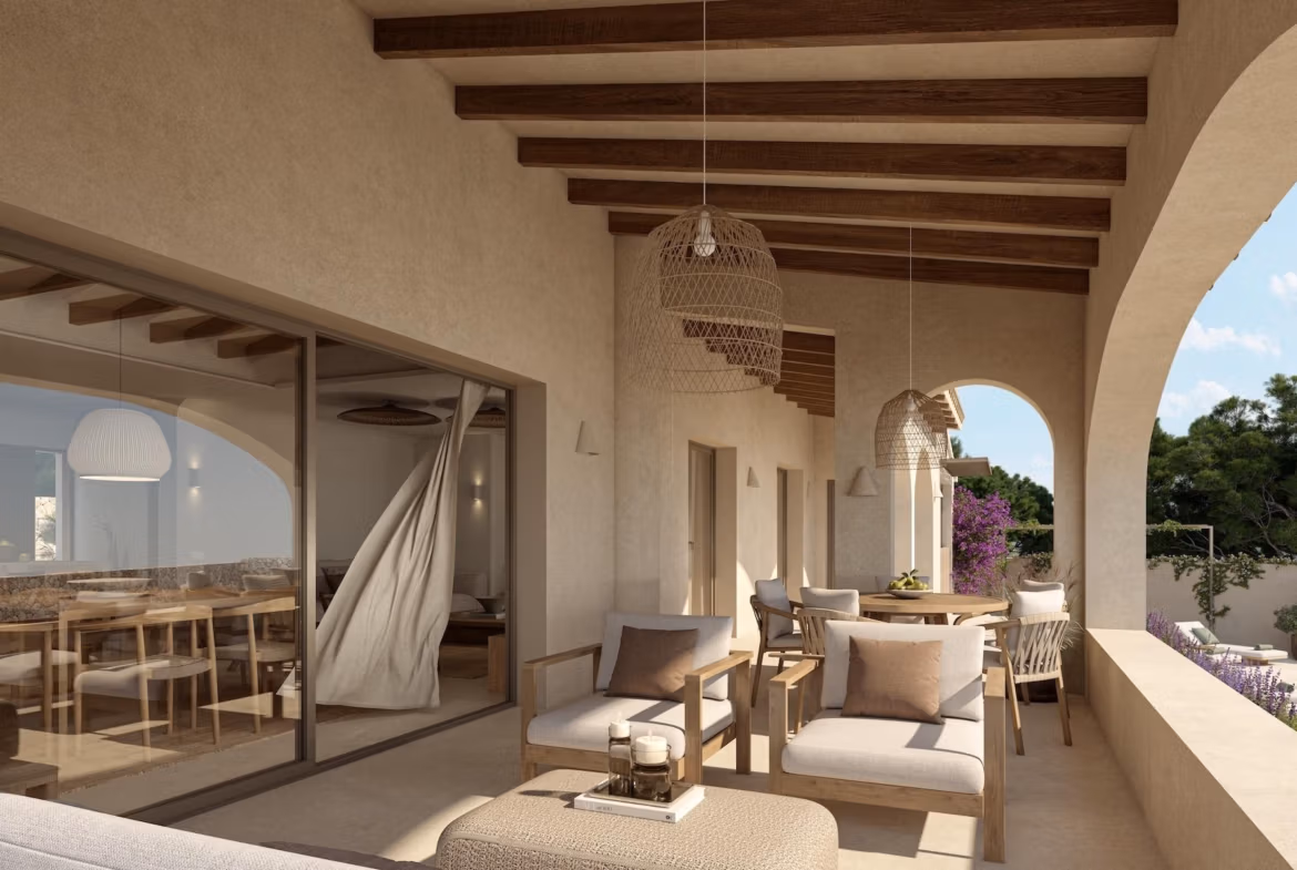 Spacious sun-drenched terrace with elegant seating and dining area in refined new build single-storey villa, La Fustera, Benissa