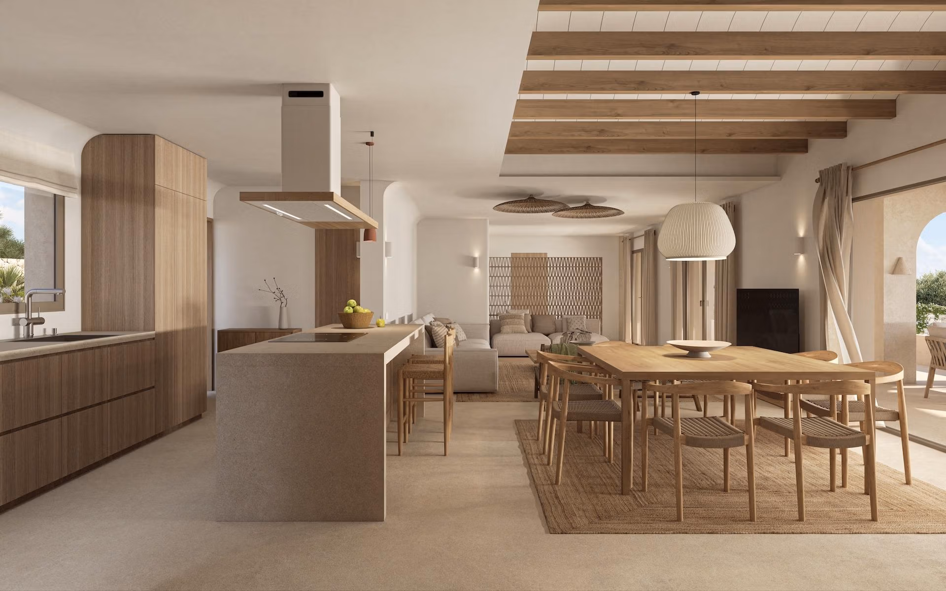 Bright open-plan kitchen and dining area in a refined single-storey villa with natural wood accents in La Fustera, Benissa.