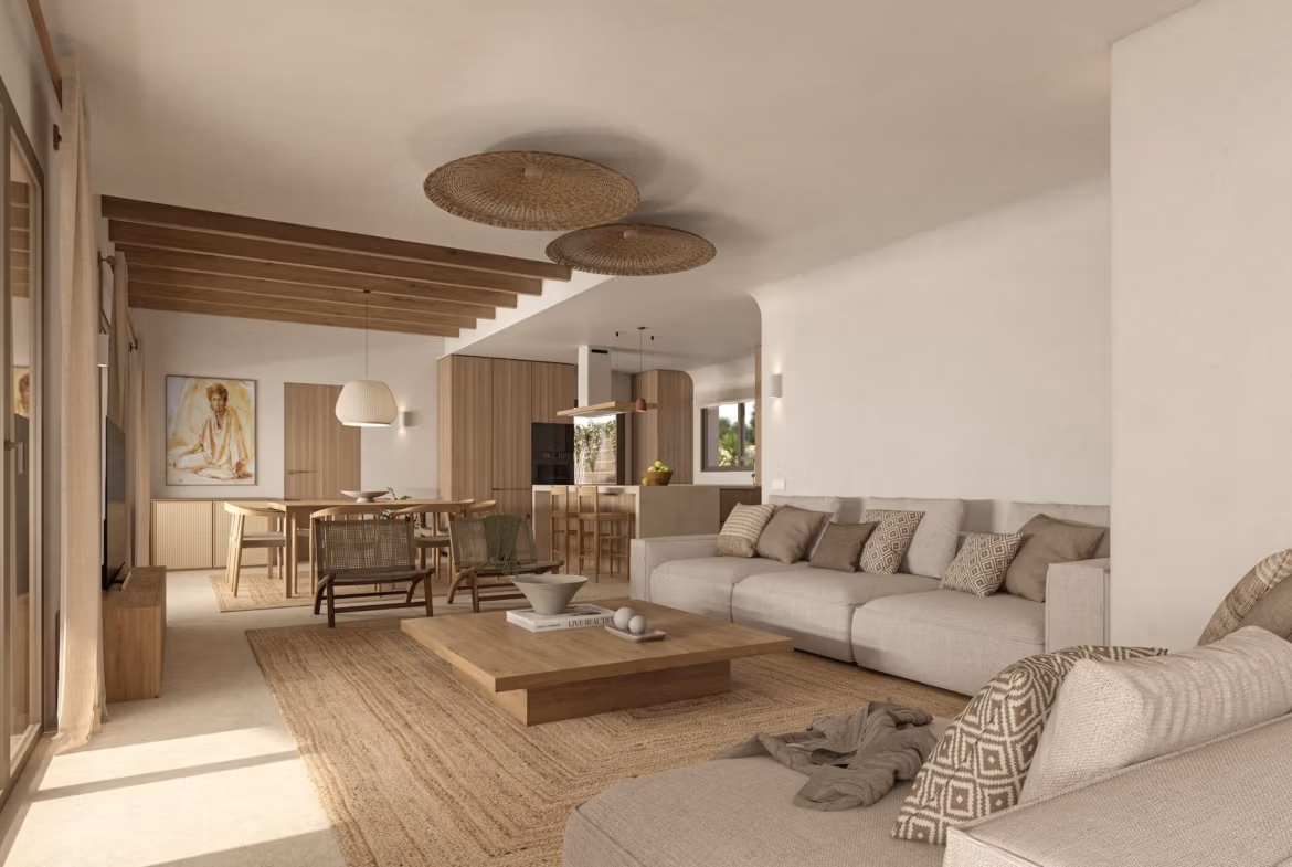 Bright open-plan living and dining area with modern furnishings in a refined single-storey villa in La Fustera, Benissa.