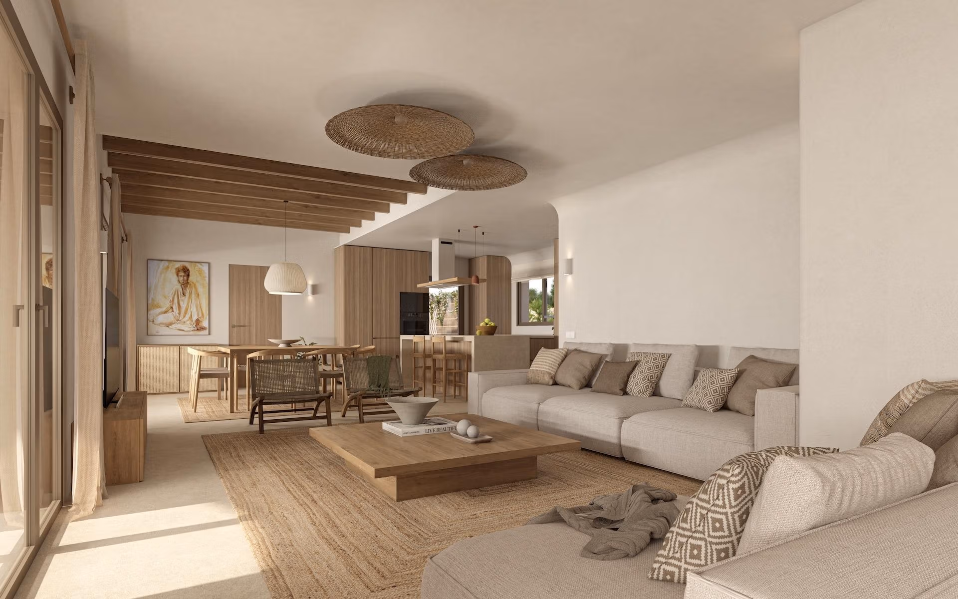 Bright open-plan living and dining area with modern furnishings in a refined single-storey villa in La Fustera, Benissa.