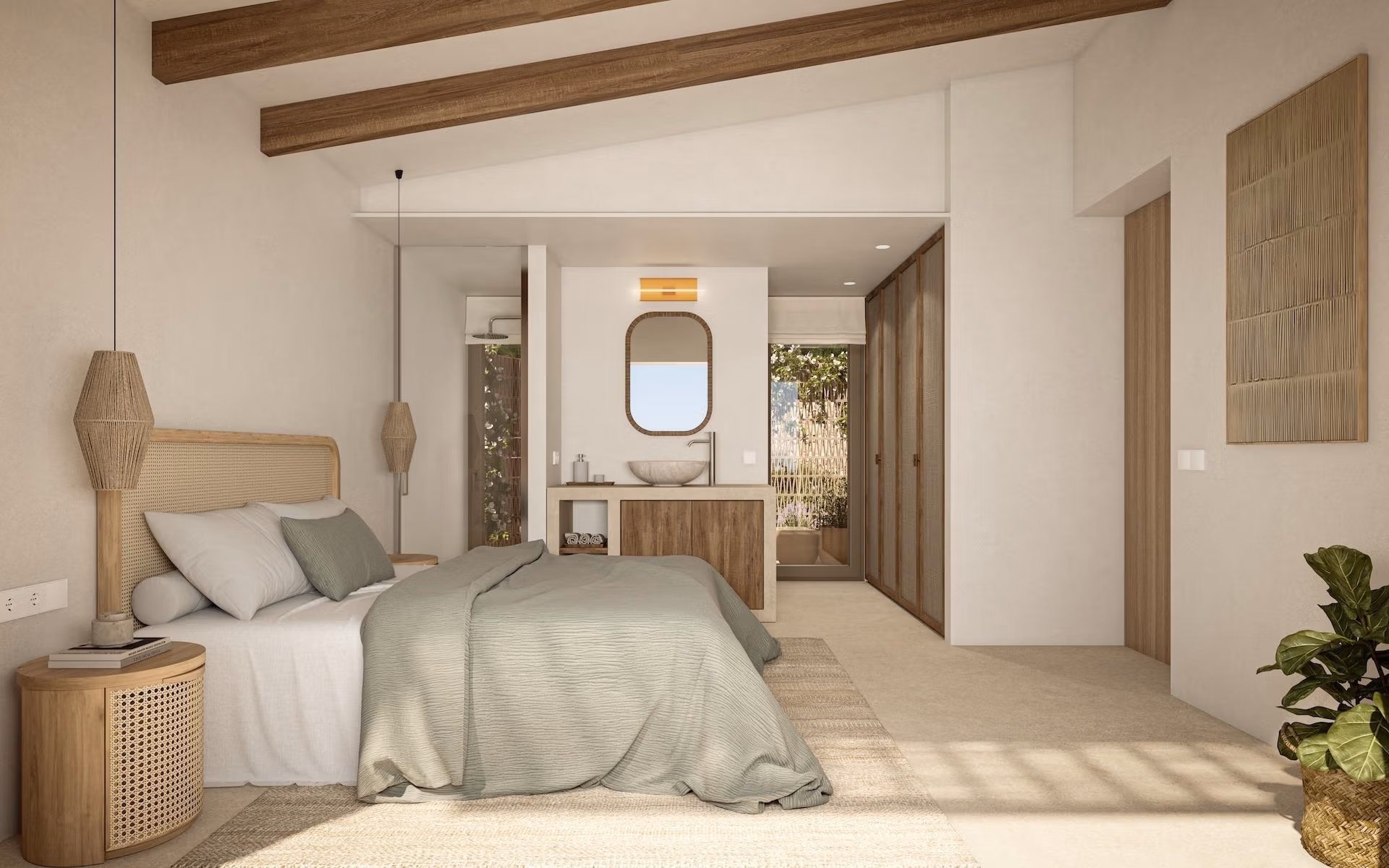 Bright and elegant bedroom with natural wood accents in a refined new single-storey villa in La Fustera, Benissa