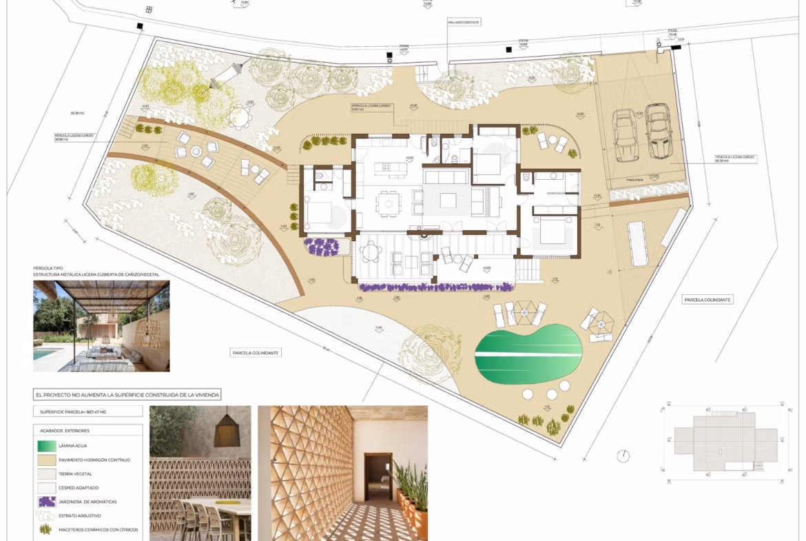 Spacious single-storey villa floor plan with private pool, landscaped garden, and elegant outdoor spaces in La Fustera, Benissa.