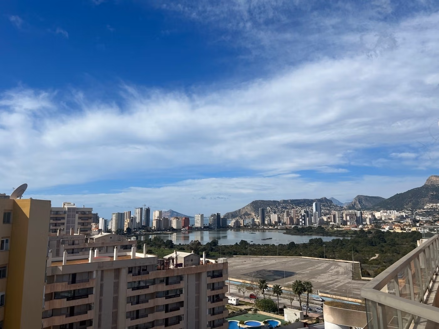 Panoramic sea and city views from the spacious sunlit terrace of a luxury 3-bedroom penthouse in Calpe