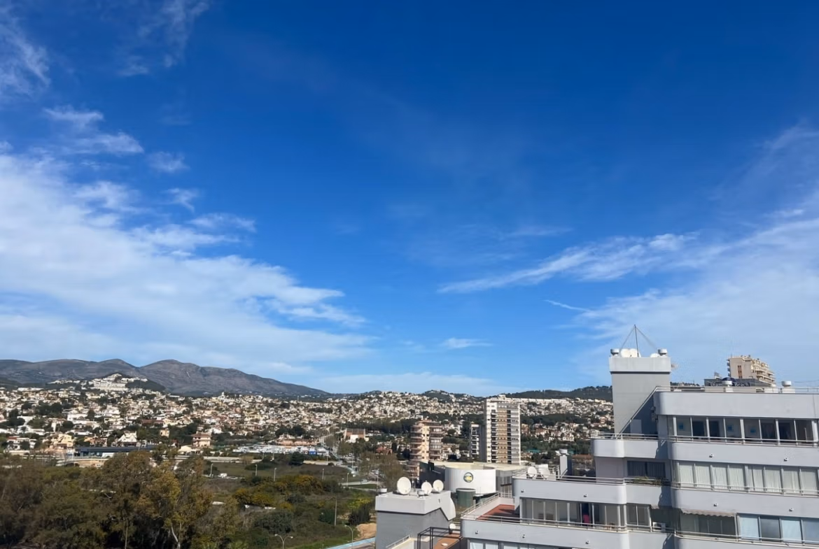 Panoramic sea and hillside views from the modern luxury 3 bedroom penthouse with a spacious solarium in Calpe.