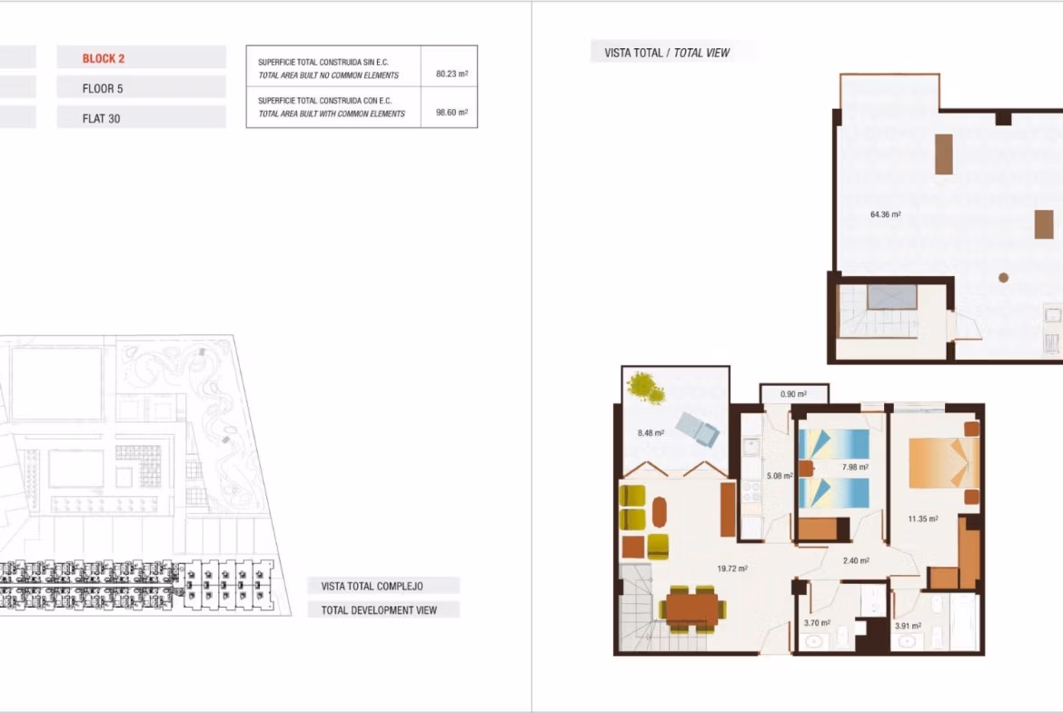 Spacious, modern 2-bedroom penthouse floor plan with solarium and terrace, key ready near Archena, Murcia.