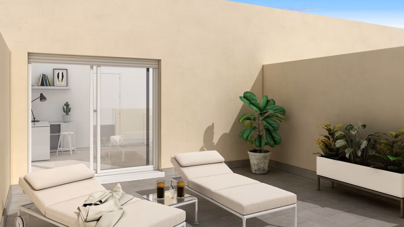 BEAUTIFUL-TOWNHOUSES-IN-LA-MANGA-13 Sunlit private terrace with elegant loungers and greenery in a spacious new build 3-bedroom townhouse in La Manga del Mar Menor.