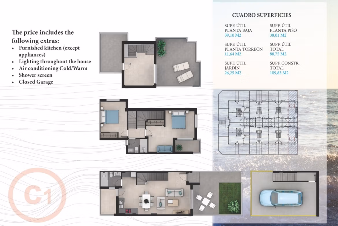 Modern spacious 3-bedroom townhouse floor plan in La Manga del Mar Menor with open-plan living, terrace, and private garage.
