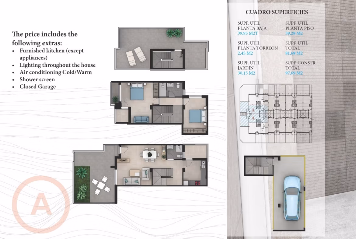 Bright open-plan 2-bedroom townhouse floor plan in La Manga del Mar Menor with terrace and garage for modern coastal living