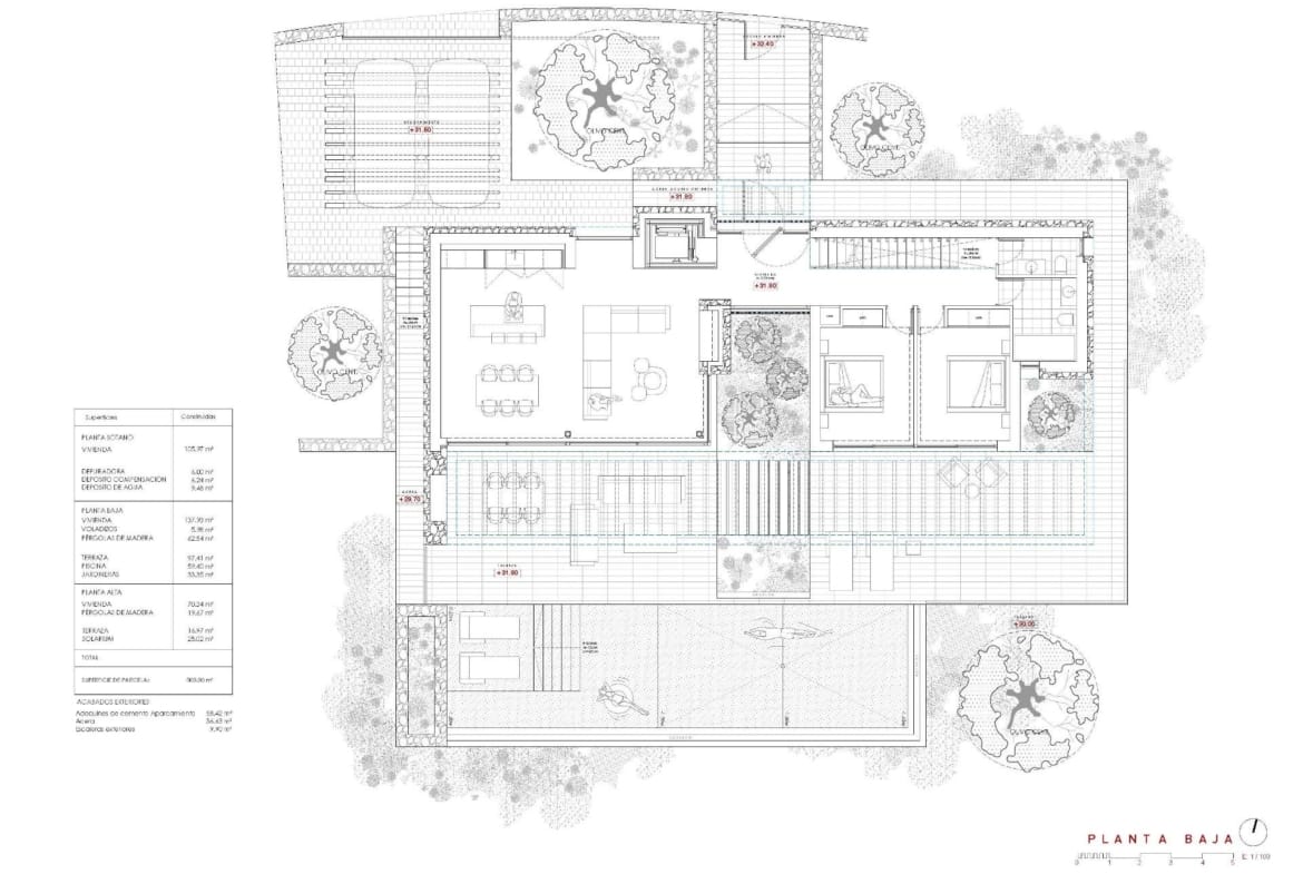 Architect-designed floor plan of spacious 4-bedroom villa in La Fustera, Benissa with open-plan living and infinity pool layout.