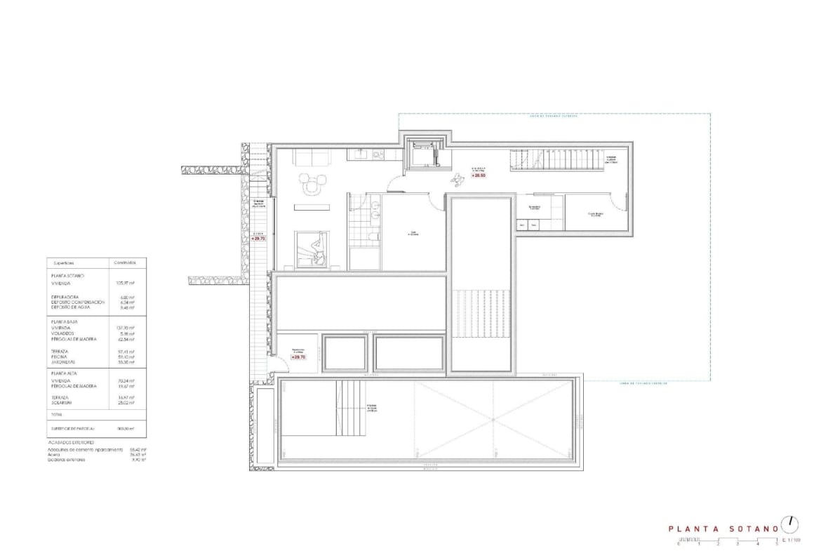 Architect-designed modern floor plan of a 4-bedroom villa in La Fustera, Benissa, showcasing spacious, open living areas and elegant layout.