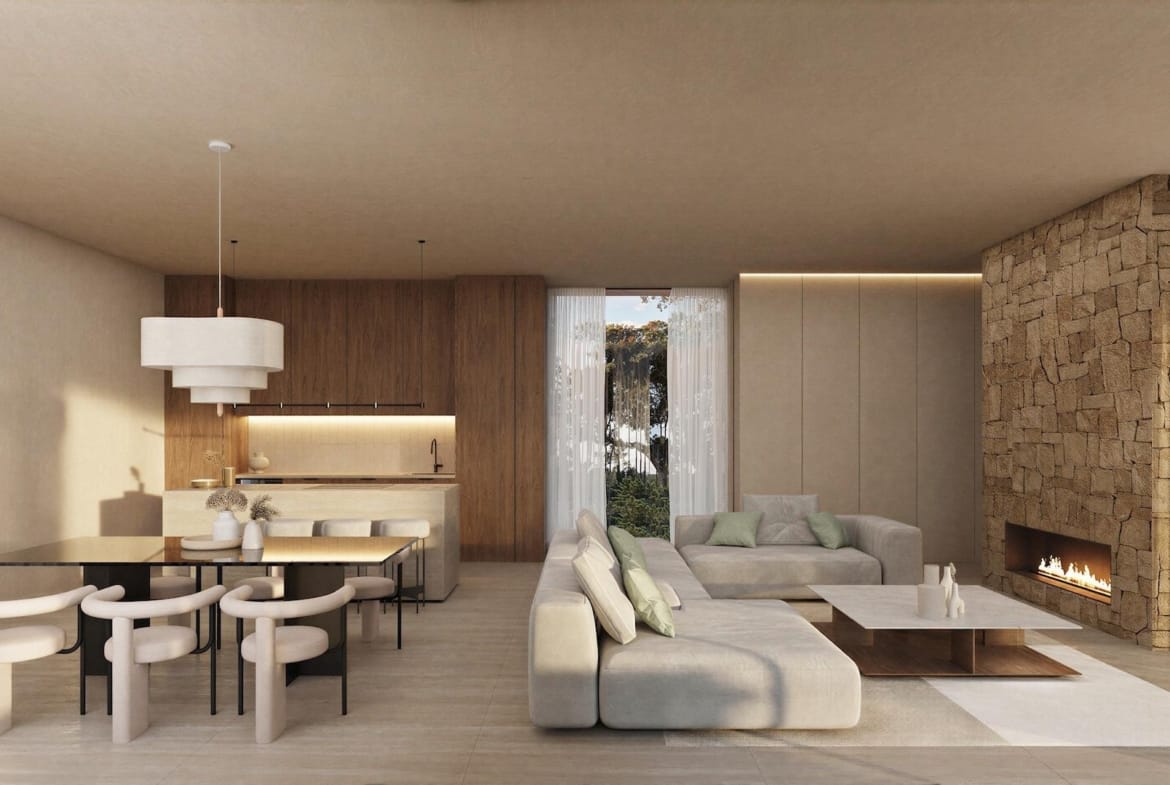 Modern sunlit living and dining area with cozy fireplace in architect-designed 4-bedroom villa in La Fustera, Benissa.