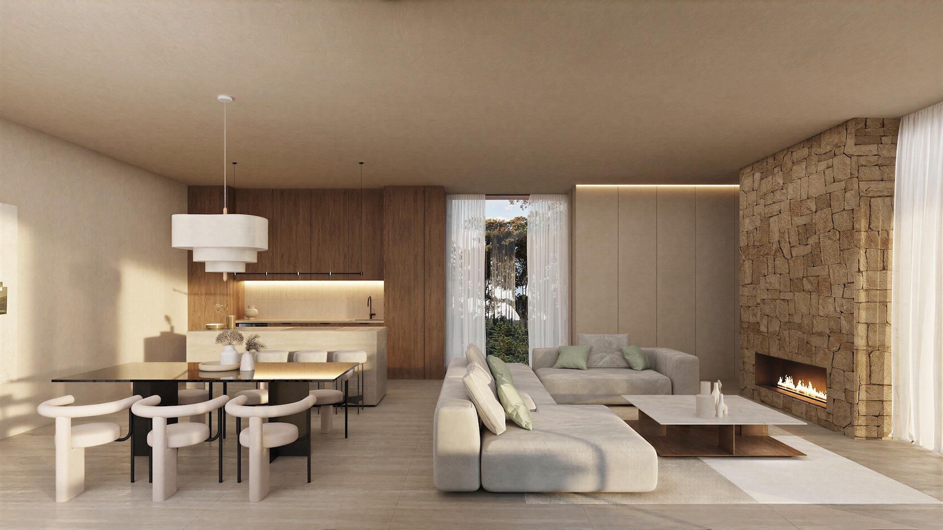 Modern sunlit living and dining area with cozy fireplace in architect-designed 4-bedroom villa in La Fustera, Benissa.