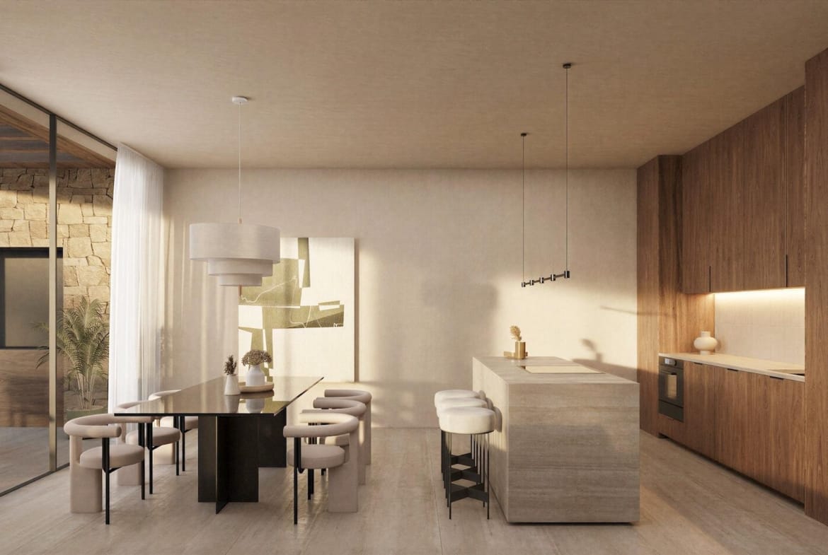 Bright, modern open-plan kitchen and dining area with natural wood finishes in luxury 4-bedroom villa, La Fustera, Benissa