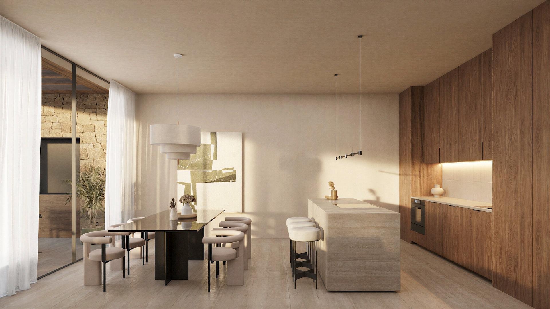 Bright, modern open-plan kitchen and dining area with natural wood finishes in luxury 4-bedroom villa, La Fustera, Benissa