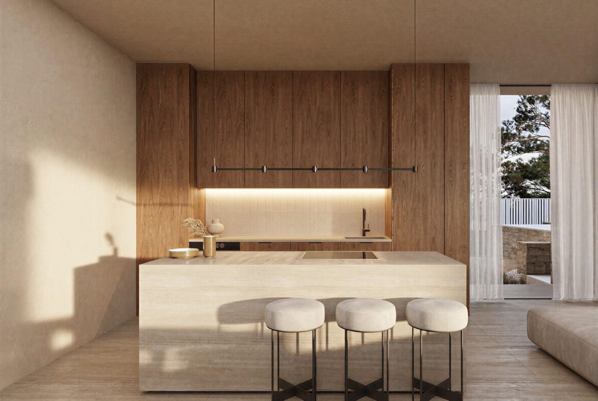 Sun-drenched modern kitchen with wooden cabinetry and sleek island in architect-designed 4-bedroom villa, La Fustera, Benissa