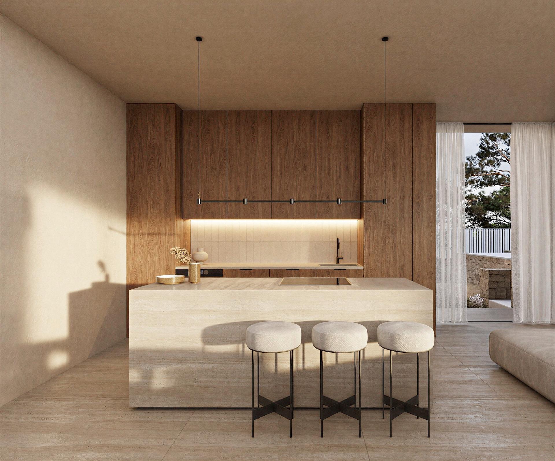 Sun-drenched modern kitchen with wooden cabinetry and sleek island in architect-designed 4-bedroom villa, La Fustera, Benissa