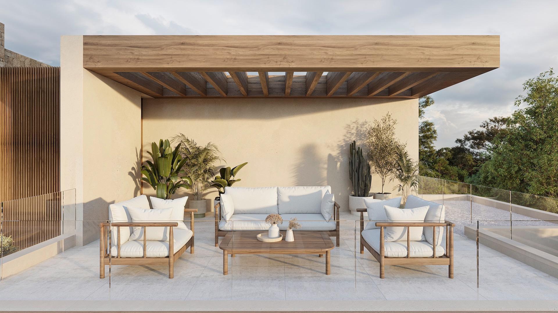 Spacious sun-drenched terrace with modern seating and lush plants at luxury 4-bedroom villa in La Fustera, Benissa