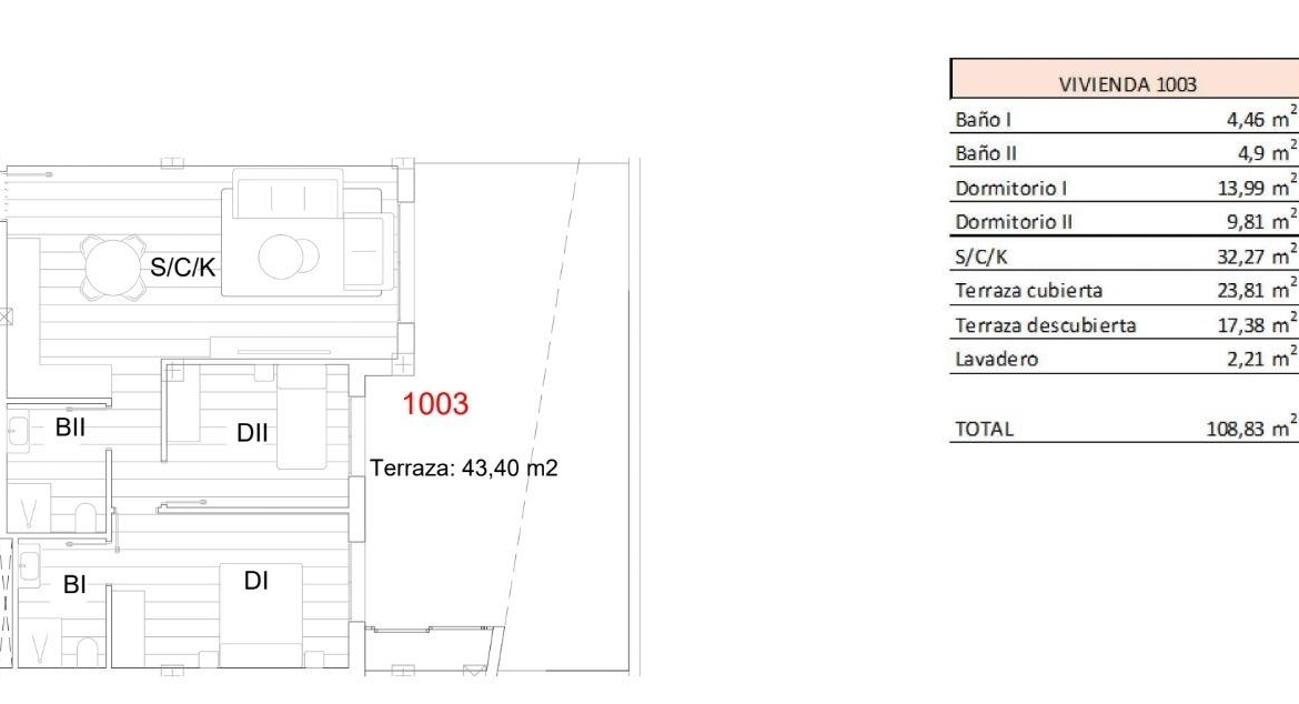 Spacious ground floor 2-bedroom apartment floor plan with large terrace in elegant San Miguel de Salinas new build development