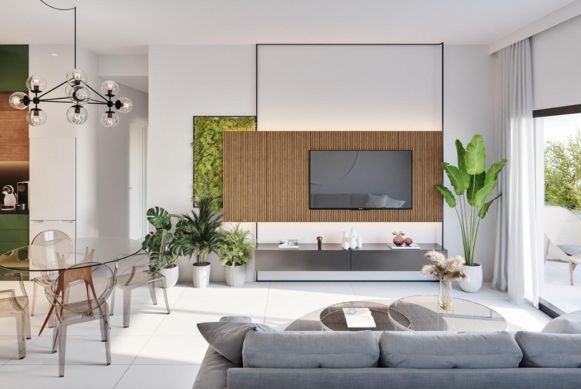 Bright, modern open-plan living area with sleek kitchen and spacious terrace in new 2-bedroom ground floor apartment, San Miguel de Salinas