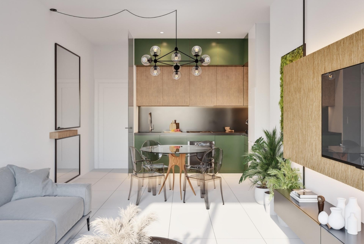 Bright modern open-plan living and kitchen area in a new 2-bedroom ground floor apartment with large terrace in San Miguel de Salinas.