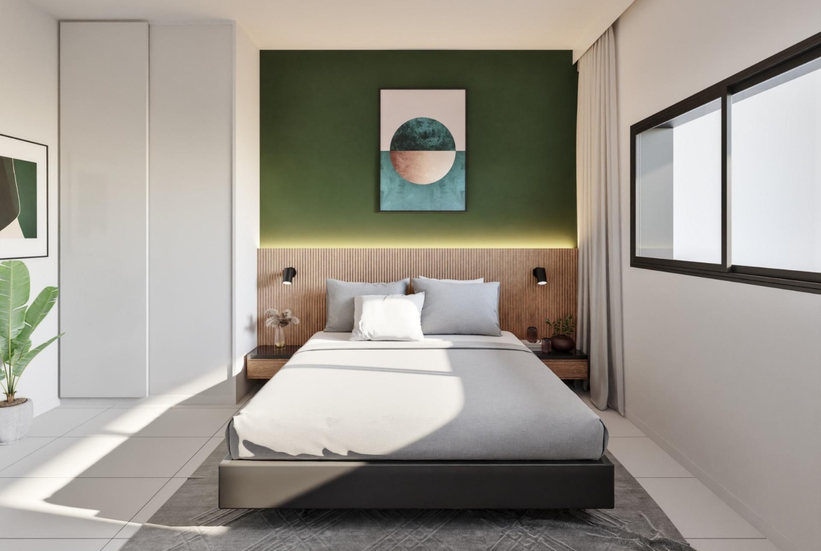 Bright, modern bedroom in new 2-bedroom ground floor apartment with large terrace in San Miguel de Salinas.