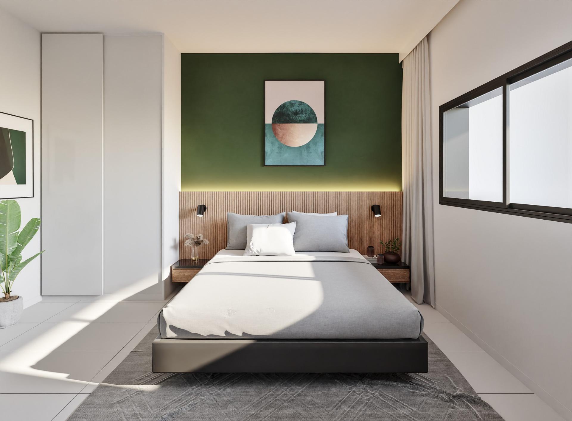 Bright, modern bedroom in new 2-bedroom ground floor apartment with large terrace in San Miguel de Salinas.