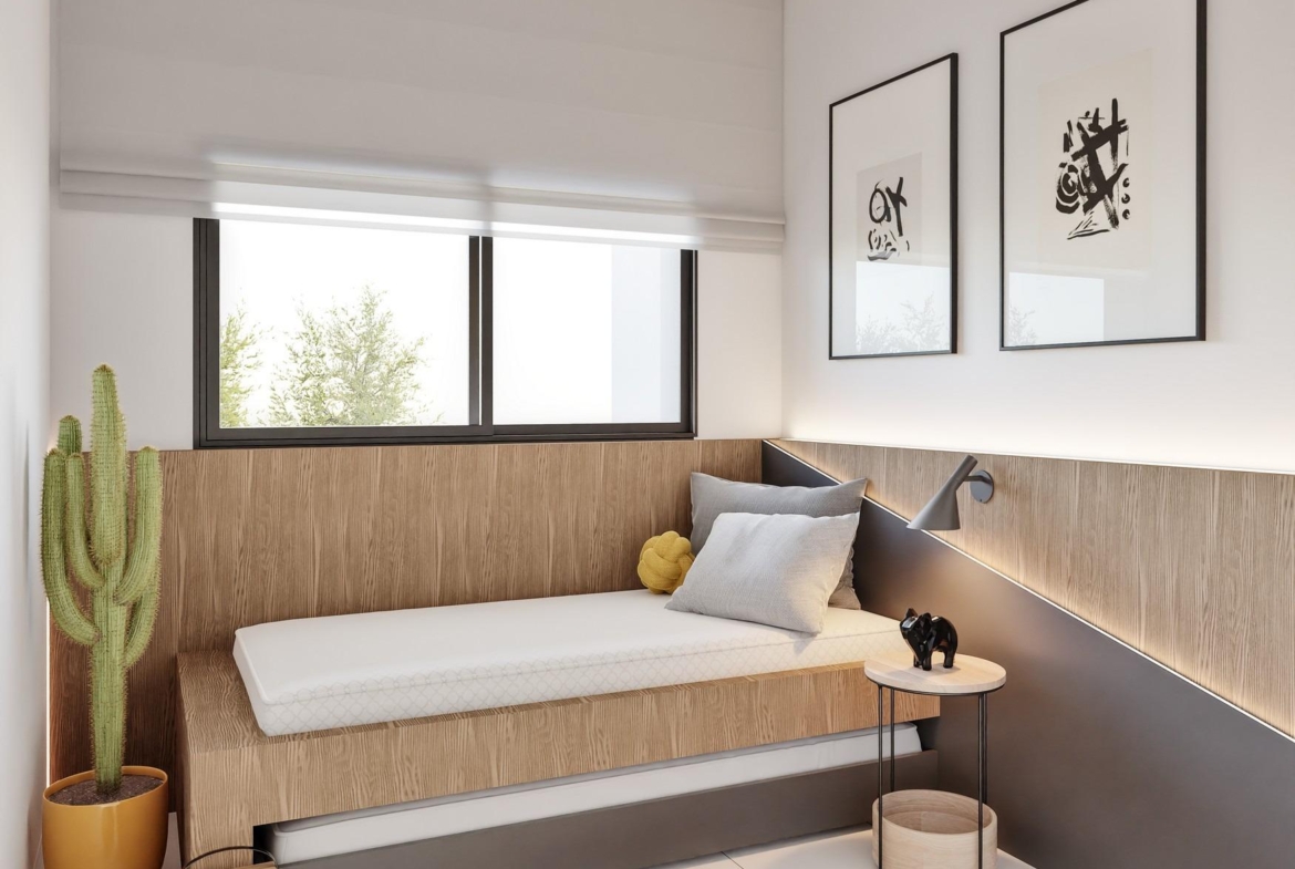 Bright modern bedroom with sleek wood paneling and large window in new build 2-bedroom ground floor apartment, San Miguel de Salinas