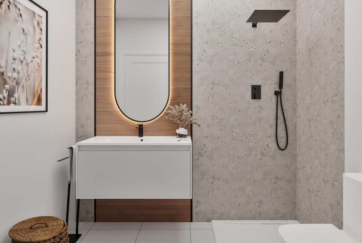 Modern, elegant bathroom with walk-in shower and illuminated mirror in new build 2 bedroom ground floor apartment, San Miguel de Salinas