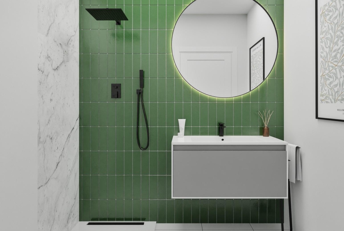 Modern bathroom with sleek green tiled feature wall and minimalist fixtures in luxury 2 bedroom ground floor apartment, San Miguel de Salinas