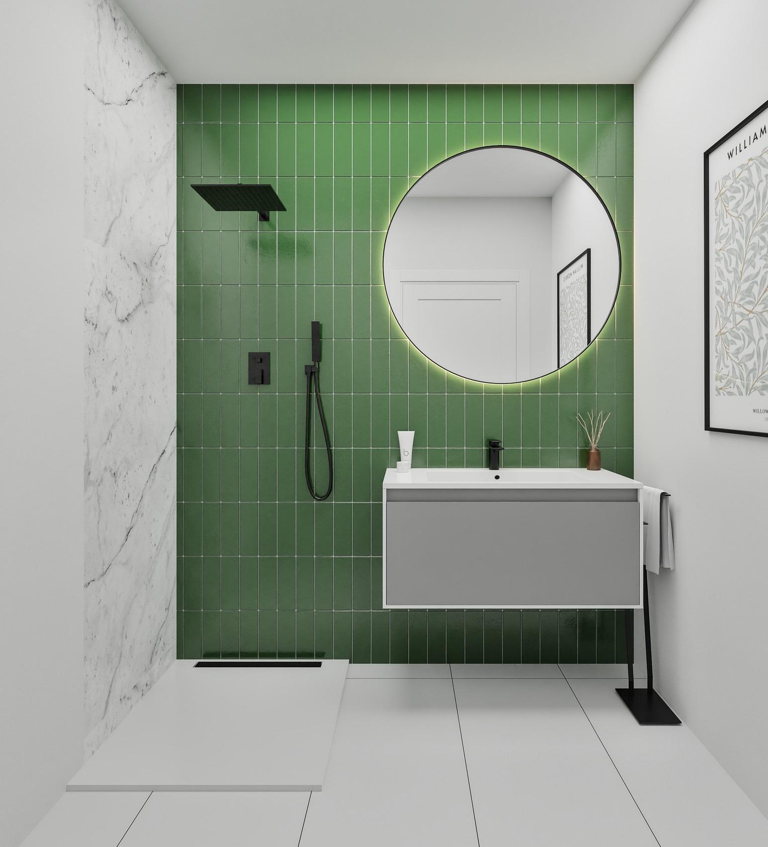 Modern bathroom with sleek green tiled feature wall and minimalist fixtures in luxury 2 bedroom ground floor apartment, San Miguel de Salinas