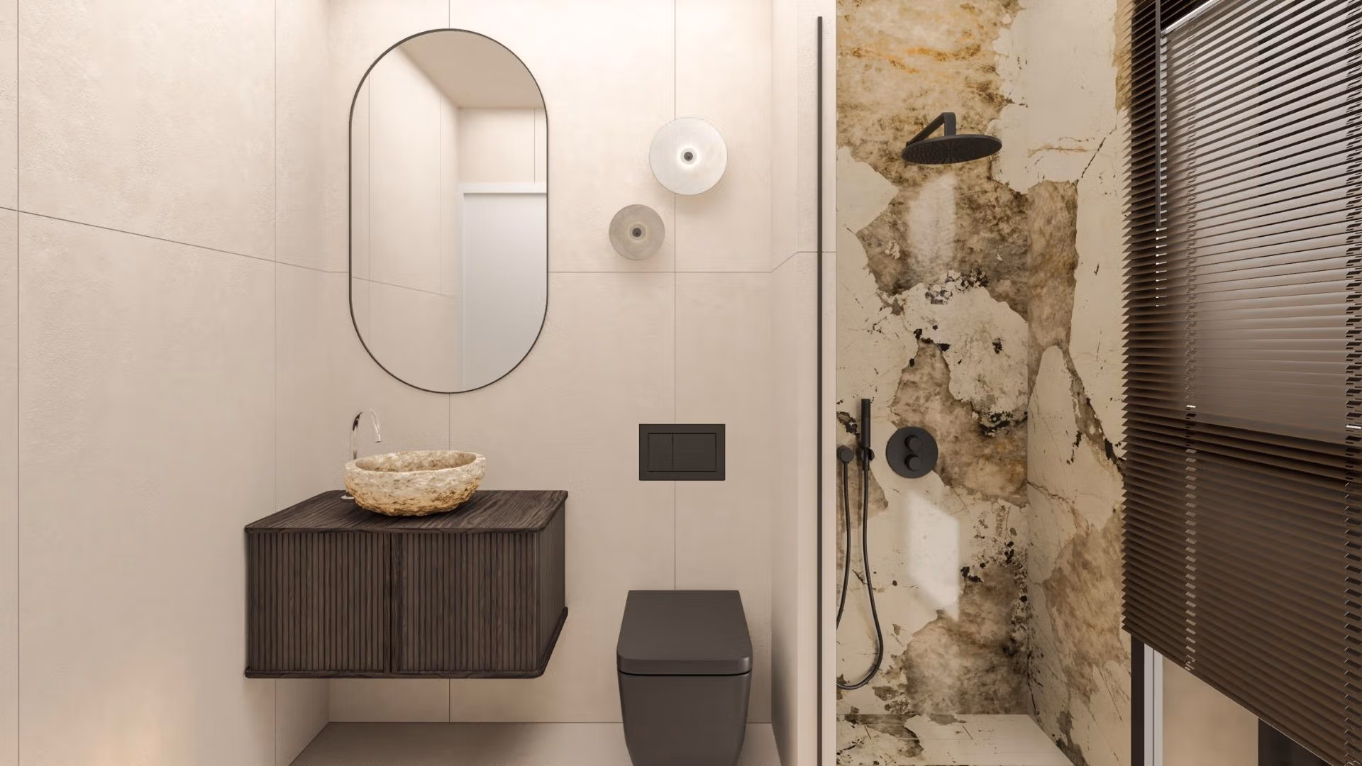 Modern luxury bathroom with sleek fixtures and textured stone shower in 3-bedroom villa, Cabo de Palos frontline new build.
