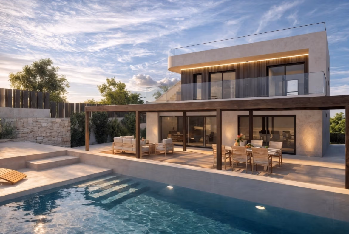 Villa de luxe en première ligne à Cabo de Palos avec solarium privé, piscine élégante et vue mer au coucher du soleil.