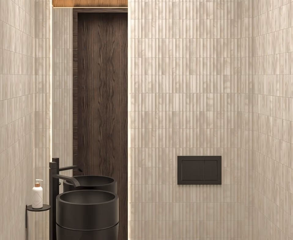 Modern luxury bathroom with sleek black fittings and textured walls in a frontline 3-bedroom villa in Cabo de Palos.