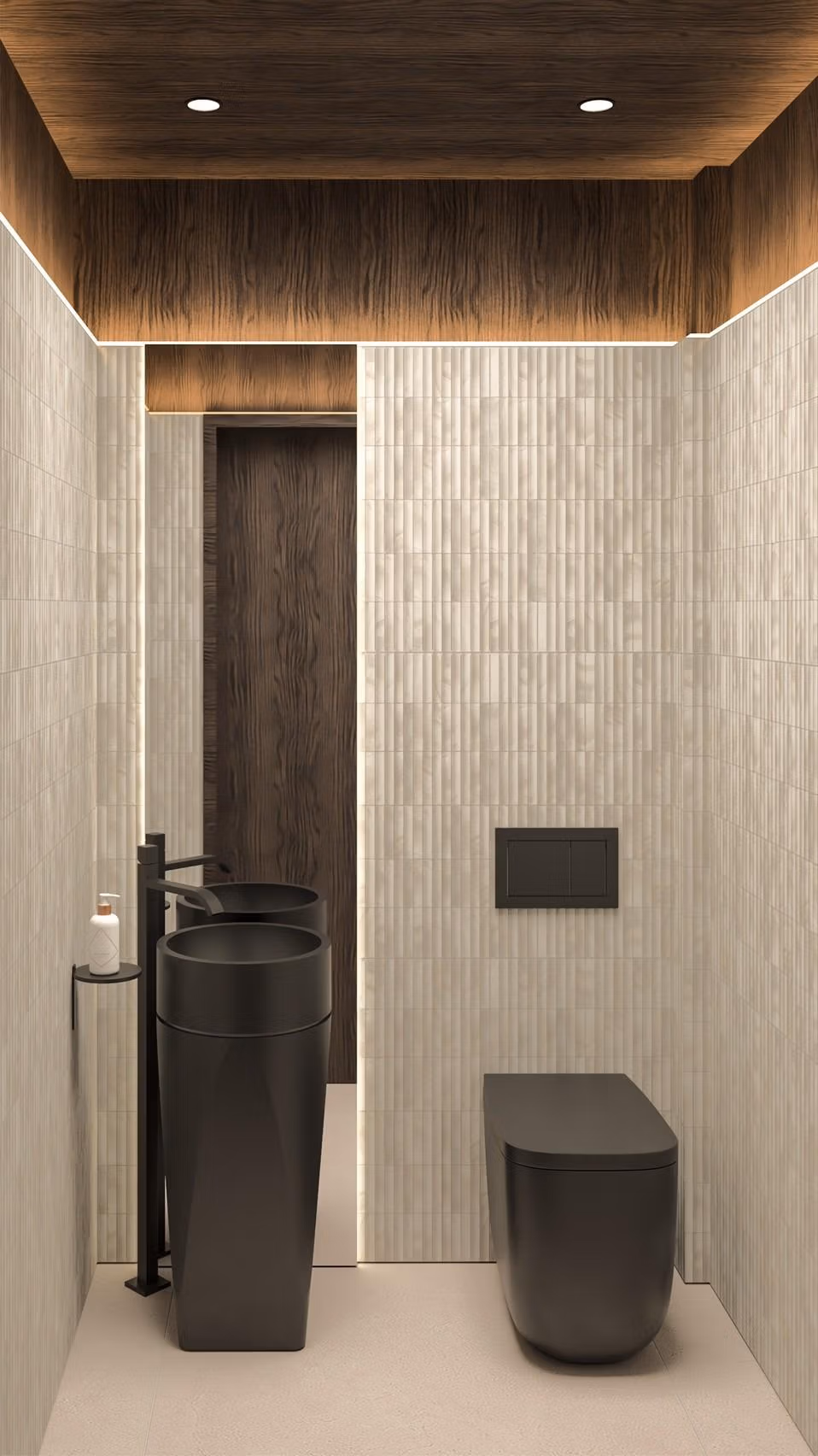 Modern luxury bathroom with sleek black fittings and textured walls in a frontline 3-bedroom villa in Cabo de Palos.