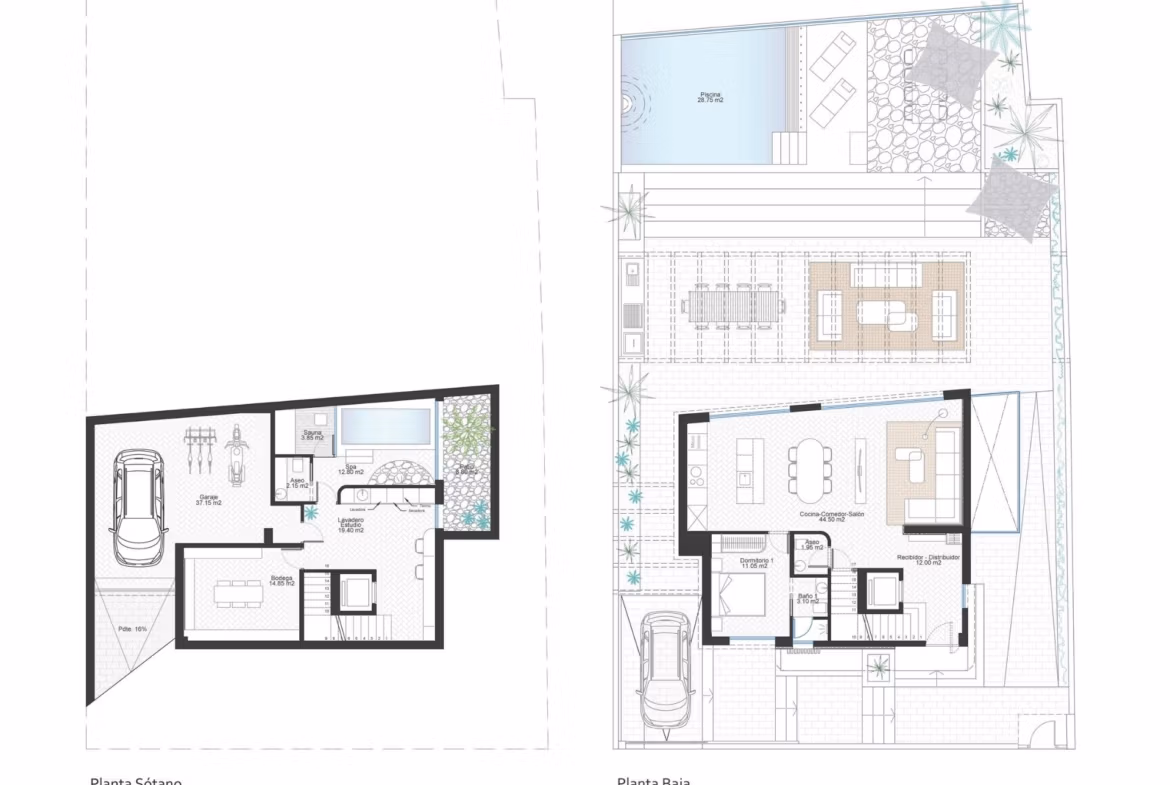 Modern floor plans showcasing spacious 3-bedroom frontline villa with rooftop solarium and sea views in Cabo de Palos.