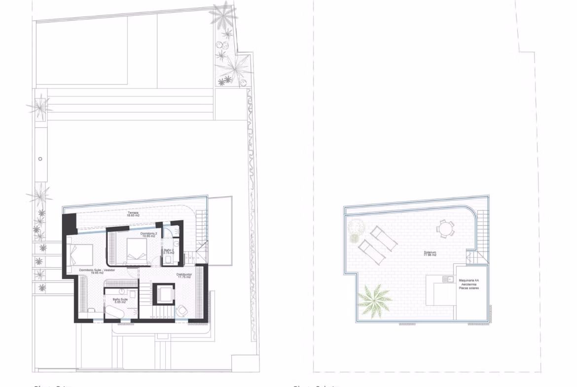 Detailed architectural floor plan of modern 3-bedroom frontline villa with spacious rooftop solarium and sea views in Cabo de Palos.