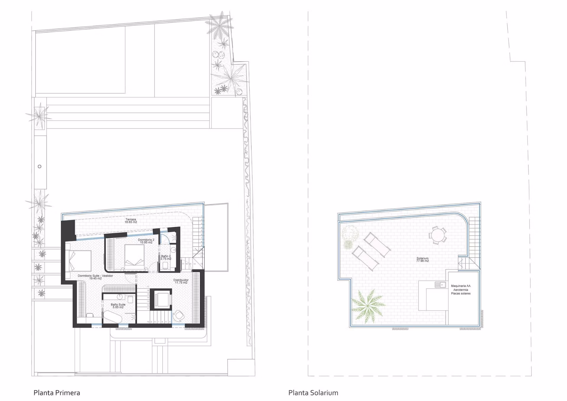 Detailed architectural floor plan of modern 3-bedroom frontline villa with spacious rooftop solarium and sea views in Cabo de Palos.