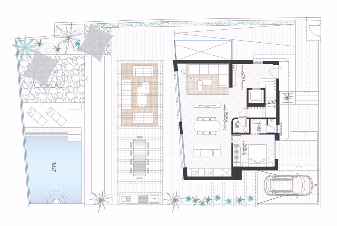 Modern floor plan of a frontline 3-bedroom villa in Cabo de Palos featuring spacious open-plan living, outdoor dining, and pool terrace.