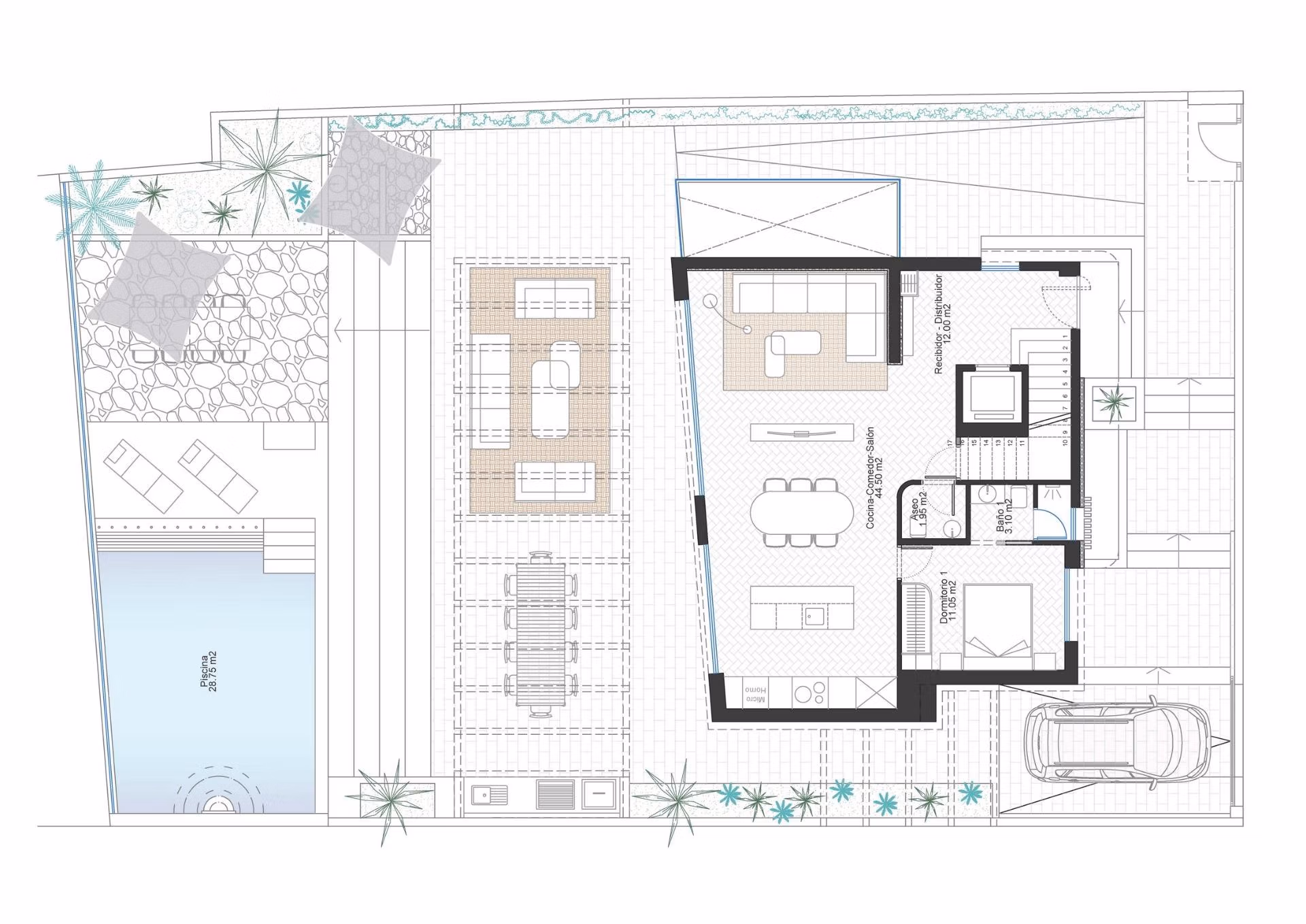 Modern floor plan of a frontline 3-bedroom villa in Cabo de Palos featuring spacious open-plan living, outdoor dining, and pool terrace.
