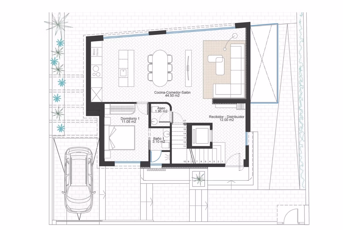 Modern open-plan ground floor layout of a luxury 3-bedroom villa in Cabo de Palos featuring a spacious living area and kitchen.