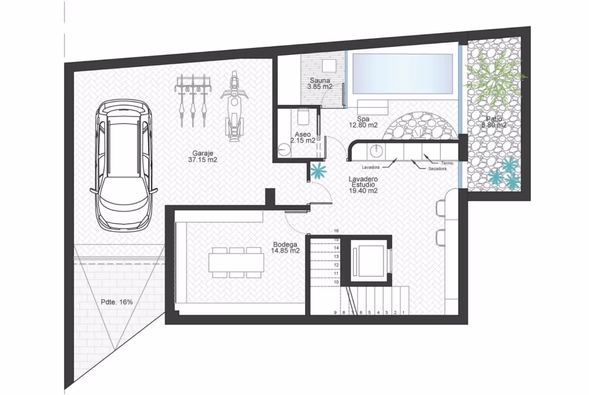 Modern ground floor plan of luxurious 3-bedroom villa in Cabo de Palos featuring spacious garage, spa, sauna, and landscaped garden.