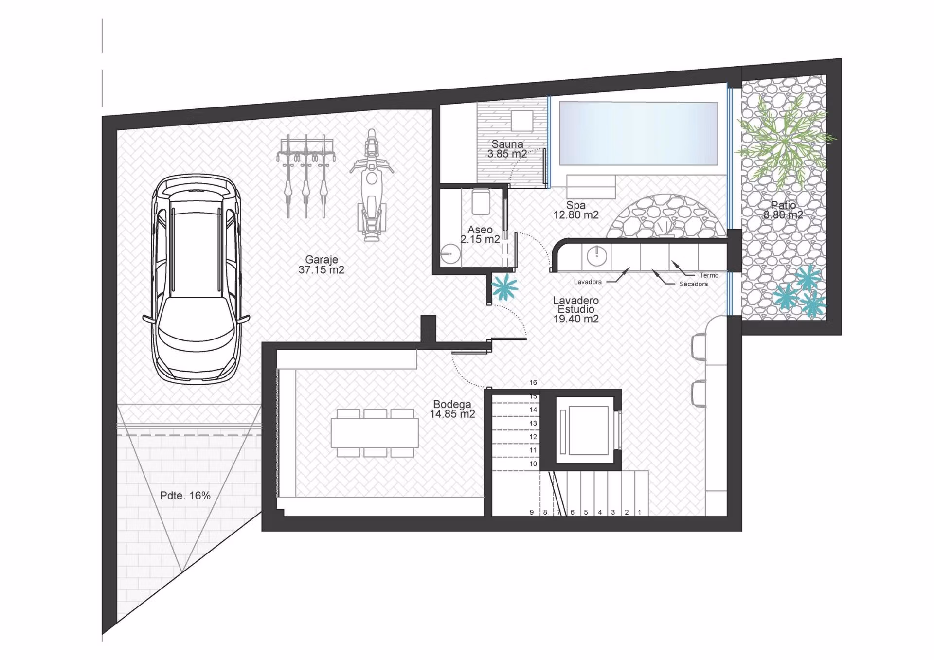 Modern ground floor plan of luxurious 3-bedroom villa in Cabo de Palos featuring spacious garage, spa, sauna, and landscaped garden.